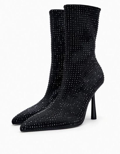 High-heel Dressy Ankle Boots With Sparkly Rhinestones Sequins Jet Black. In Excellent Condition Size Eu 39 Uk 6.   With original protective bag.