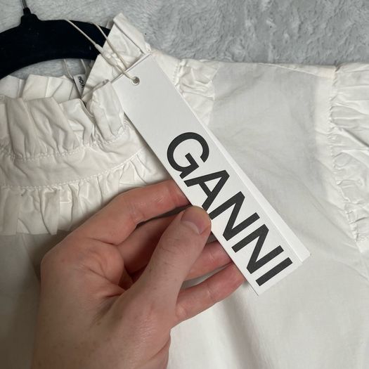 Ganni Cotton Poplin Blouse Sz 8UK 4US S White Ruffle Smock Classic Collar