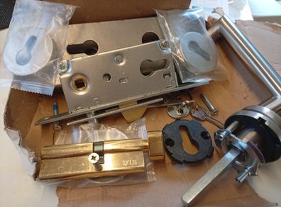 New Stainless Steel Door Handle Set with Euro Cylinder & Lock ECO Schulte