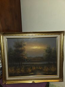 Vintage Oil on Canvas Landscape Ducks in Flight - Signed and Framed