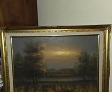Vintage Oil on Canvas Landscape Ducks in Flight - Signed and Framed