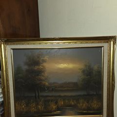 Vintage Oil on Canvas Landscape Ducks in Flight - Signed and Framed