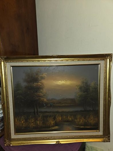 Vintage Oil on Canvas Landscape Ducks in Flight - Signed and Framed