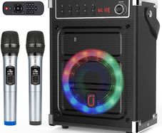 NEW SALE | Karaoke Machine with 2 UHF Wireless Microphones, Bass/Treble Bluetooth Speaker with LED Light, Support TWS, AUX In, FM, REC, Supply for Party/Adults/Kids