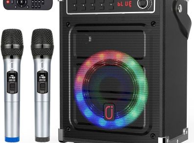 NEW SALE | Karaoke Machine with 2 UHF Wireless Microphones, Bass/Treble Bluetooth Speaker with LED Light, Support TWS, AUX In, FM, REC, Supply for Party/Adults/Kids