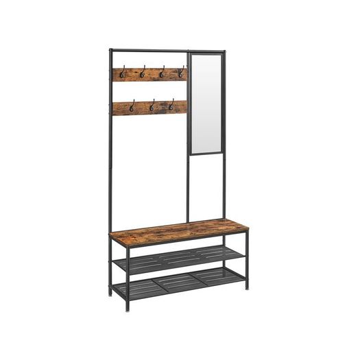 Coat Rack with Hooks, Clothes Rack with Mirror, Shoe Bench and Shelves, 36 x 98 x 185 cm, for Hallway, Bedroom, Living Room, Vintage Brown/Black