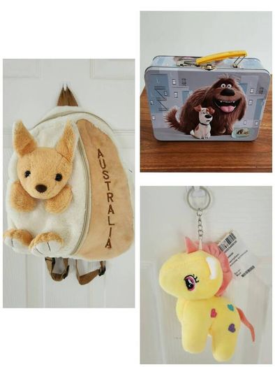 Australia Kangaroo Mini Backpack + Secret Life of Pets tin lunchbox + Unicorn Keychain