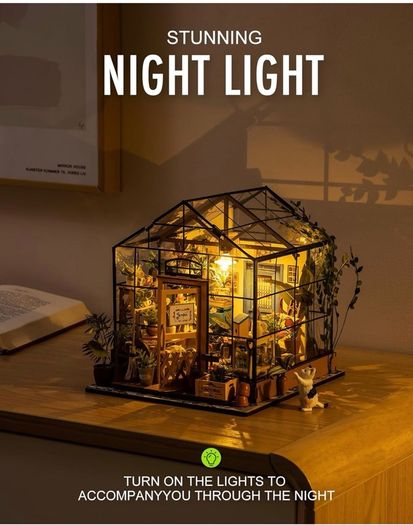 Greenhouse, DIY Miniature House Kits, Cathy's Flower House Advanced Level, 7.5 Hours, Wooden Dollhouse, Glue Free, Stress Relief Handmade Craft Kits, Birthday Gift for Women