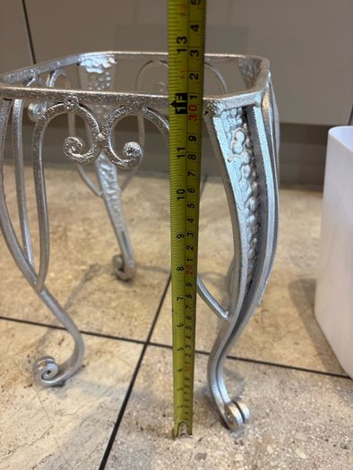 Silver metal square shape plant stand with matching white plastic pot