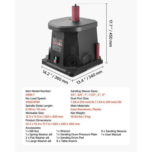 Oscillating Spindle Sander 2000RPM Benchtop Spindle Sander with 6 Sleeves (12.7-76.2 mm) 15 mm Stroke  Dust Connection Port for Furniture Finishing Crafts Sanding DIY Woodworking