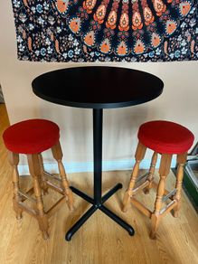 Round Bar Table & 2 Wooden Bar Stools, Excellent Condition