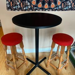 Round Bar Table & 2 Wooden Bar Stools, Excellent Condition