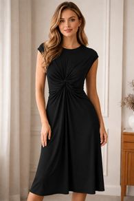 NEW The Edit Black Twist-Knot Ruched Midi Dress: Medium