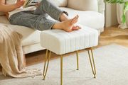 Velvet Rectangular Footrest Ottoman, Makeup Vanity Stool Side Table, Dressing Table Seat, Pouf Couch Stool, Golden Steel Legs, White