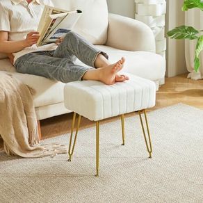 Velvet Rectangular Footrest Ottoman, Makeup Vanity Stool Side Table, Dressing Table Seat, Pouf Couch Stool, Golden Steel Legs, White