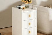 Bedside Table with 3 Drawers - Modern Nightstand - Bedside Cabinet Wooden Fluted Easy to Assemble - Bed Side Table for Bedroom Living Room Small Spaces - 55 x 33 x 30 cm (White)
