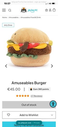 New JELLYCAT Amuseables Burger