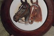 Horse Heads Ceramic on Mahogany Base