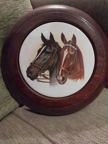 Horse Heads Ceramic on Mahogany Base