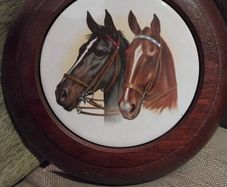 Horse Heads Ceramic on Mahogany Base