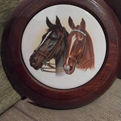Horse Heads Ceramic on Mahogany Base