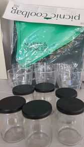 New picnic/cooler bag plastic sundae dishes and small glass bottles