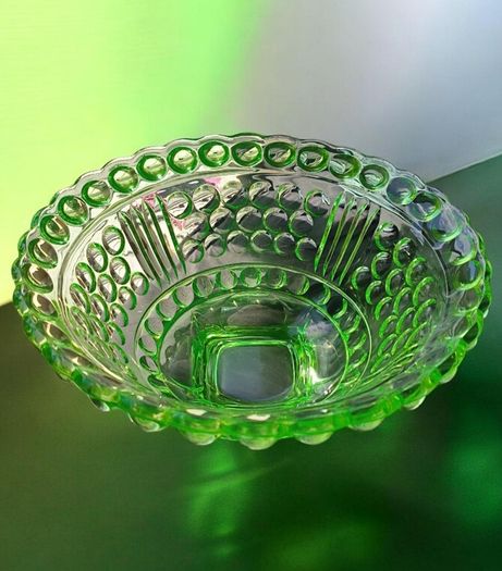 Antique 20th Century Green Uranium Glass Inverted Thistle Bowl UV Reactive  Description