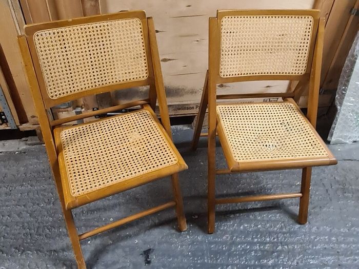 Pair of Vintage Wooden Folding Chairs with Cane Rattan