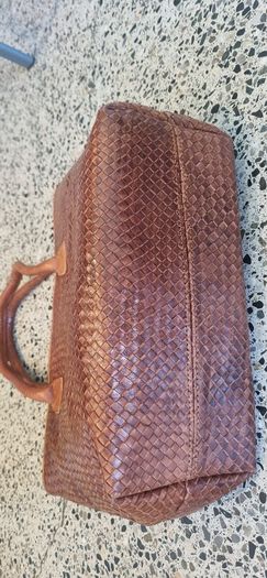 brown leather woven shoulder bag