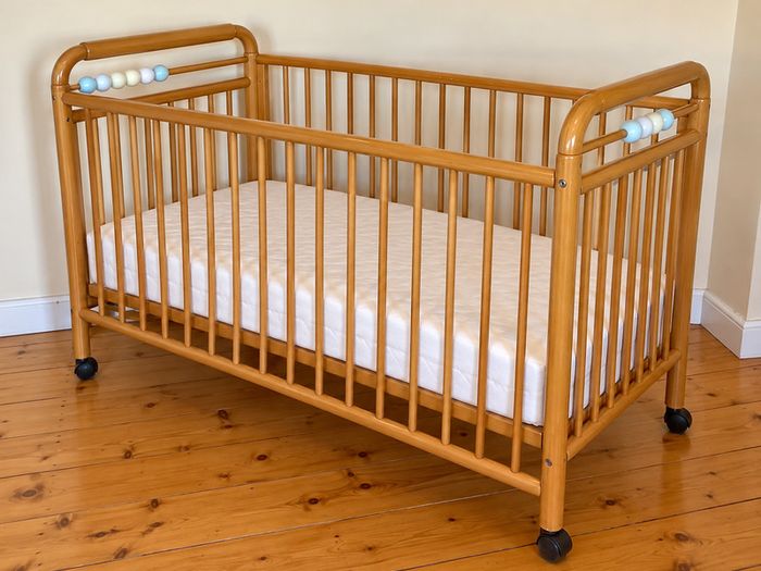 Large Wooden Baby Cot with Mattress | Natural Wood Finish