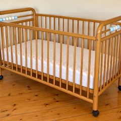 Large Wooden Baby Cot with Mattress | Natural Wood Finish