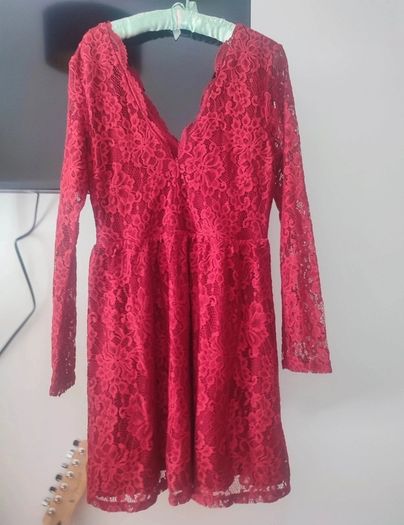 H&M red lace long sleeve V-neck, A-line skirt dress size 10
