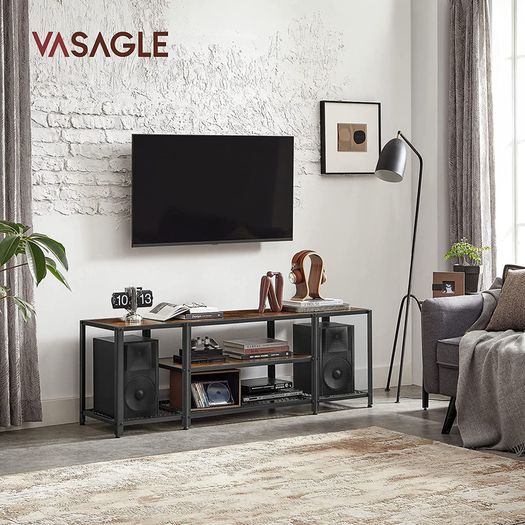 TV Shelf, Lowboard for TVs up to 65 Inches, TV Stand with 3 Levels, Open Storage Rack, Industrial Design, for Living Room, Vintage Brown/Black