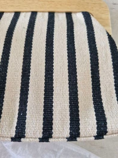 Zara Canvas Striped Wooden Clutch Bag in cream/black