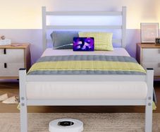 Single Bed Frame with Headboard & LED Lights,Heavy Duty Metal Platform Bed Frame with Charging Station,Mattress Base/Strong Steel Slats Support/Under-bed Storage/Easy Assembly for Adults White