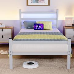 Single Bed Frame with Headboard & LED Lights,Heavy Duty Metal Platform Bed Frame with Charging Station,Mattress Base/Strong Steel Slats Support/Under-bed Storage/Easy Assembly for Adults White