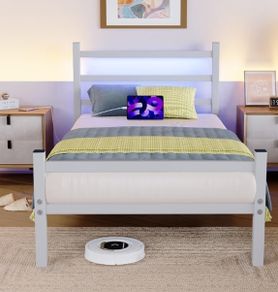 Single Bed Frame with Headboard & LED Lights,Heavy Duty Metal Platform Bed Frame with Charging Station,Mattress Base/Strong Steel Slats Support/Under-bed Storage/Easy Assembly for Adults White