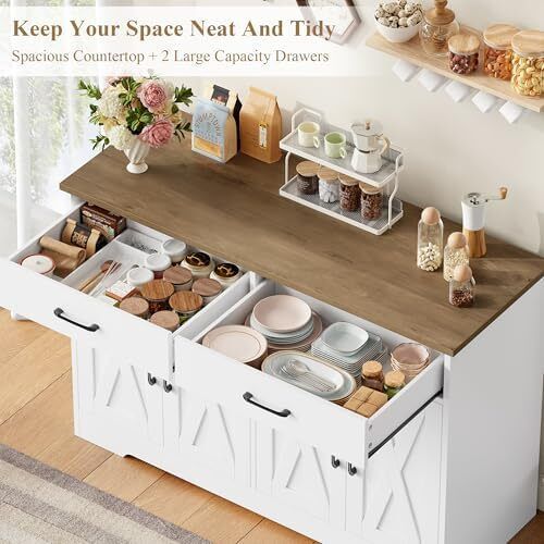 Sideboard, 120 cm Wide Kitchen Cabinet with Worktops, Kitchen Buffet Storage Cabinet with 2 Drawers and 4 Doors, Living Room, Kitchen, Hallway, White & Brown