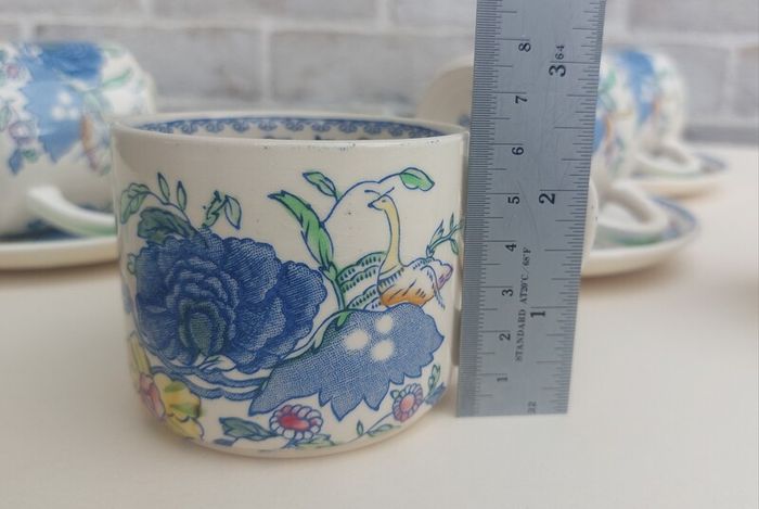 Beautiful and Rare Masons Patent Ironstone Set of Six Straight Sided Coffee/Tea Cup and Saucer Duos in the Regency Pattern, Circa 1950