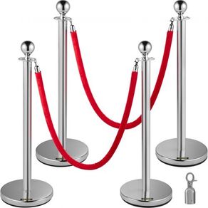 Retractable Silver Round Top Queue Control Barrier Posts Stands Security Stanchion Rope Divider with 1.5M Red Rope Crowd Control Barrier Silver Round top Column