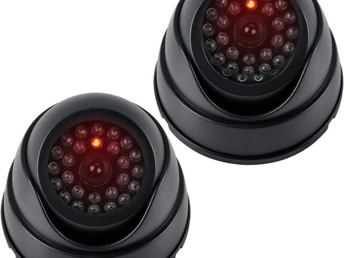 Dummy Cameras Fake CCTV 2PCS, Dome Dummy Fake Security CCTV Camera Simulation Monitor with Flashing LED Light, Dummy CCTV Camera Outdoor Indoor, Dummy Fake Camera Waterproof with 2 CCTV Signs + Screws