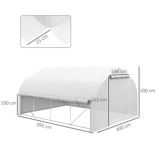 4 x 3(m) Walk-in Polytunnel Greenhouse, Zipped Roll Up Sidewalls, Mesh Door, 8 Mesh Windows, Tunnel Warm House Tent with PE Cover, Complimentary Plant Labels and Gloves, White