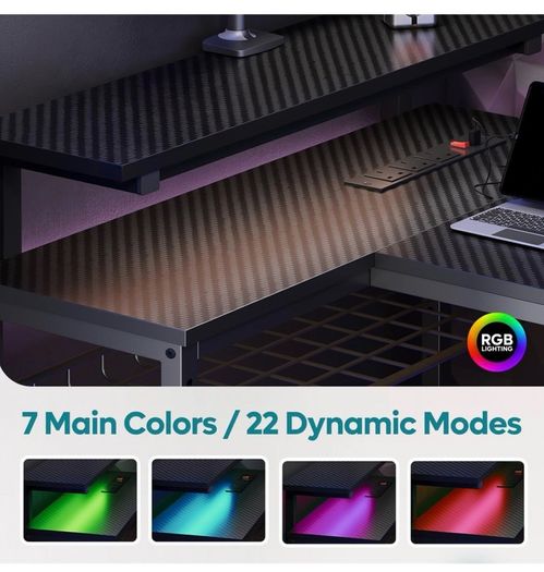 147CM L-Shaped Gaming Desk with RGB Lights & Power Outlets