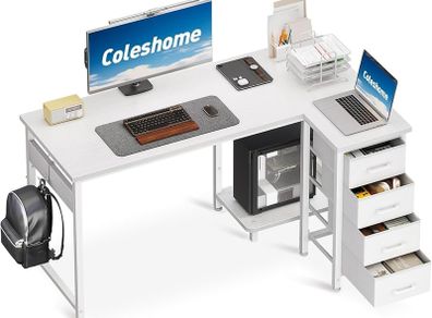 Computer Desk with Drawers, 120x70 cm Corner Desk for Home Office, Reversible L Shaped Office Desks White