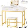 36 Inch Vanity Desk with Mirror and Drawers, Vanity Table and Stool, Dressing Table with Lights and Socket Strip for Bedroom, Gold Image 3