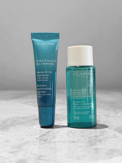New Clarins Hydra-Essentiel Lip Balm + Clarins Eye Makeup Remover