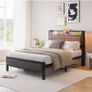 Single Bed Frame with Upholstered Headboard, No Box Spring Needed Wooden Storage Headboard Shelf, 3ft Upholstered Bed Frame with Charging Station/USB Ports and LED Lights (Gray Single Bed) Image 4