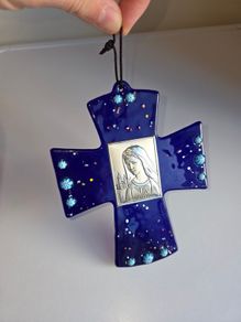 Blue Glass Cross with Silver Medallion