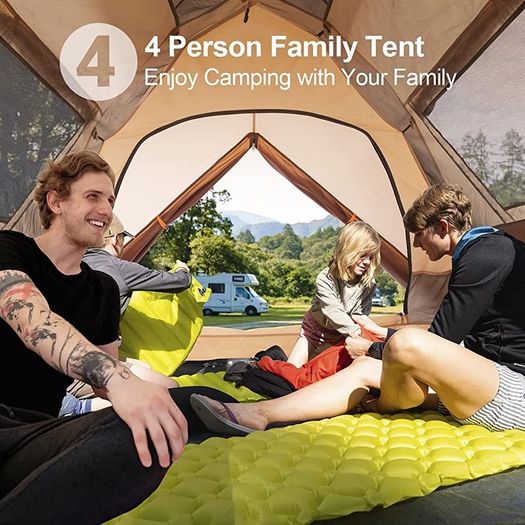 Camping Tent, Pop up Tent 4 Person Family Dome Tent Waterproof Windproof with 2 Mesh Doors, 2 Mesh Windows, Roof Skylights, 2 in 1 Double Layers, Storage Bag for Camping Hiking Backpacking (FREE POSTAGE)
