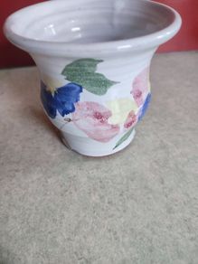 Judy Greene Galway Ireland Hand thrown Art Pottery Small Vase Stamped Floral 9 cm. tall top wide 9.4 cm.